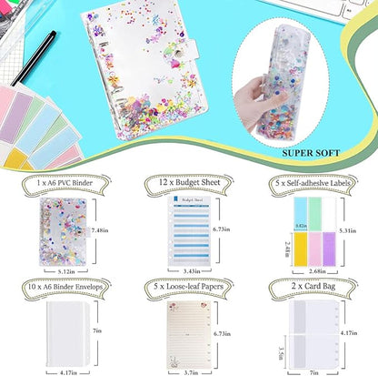 35 Pieces A6 Binder PVC Cover with 10 Clear Binder Pockets, Waterproof 6-Ring Budget Binder Envelopes System Budget Planner Organizer, Budget Sheets & Card Bags & Papers & Label for Cash Envelopes