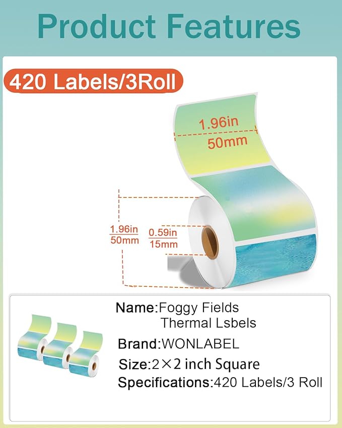 2inch Square Thermal Labels Self-Adhesive, Circle Thermal Printer Labels for Business and Home, Thermal Sticker Labels for/Shipping/Packaging/DIY Logo Design/Thanks Card, 420 pcs/3 Roll