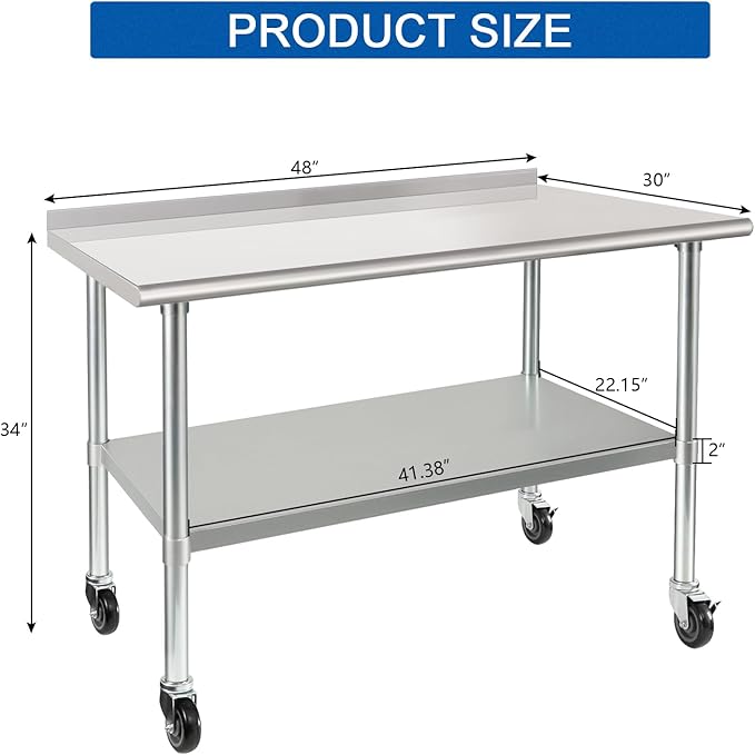 HARDURA Stainless Steel Table 30 x 48 Inches with Wheels Casters NSF Heavy Duty Commercial Prep Table with 2” Backsplash and Adjustable Undershelf for Restaurant Kitchen Home and Hotel