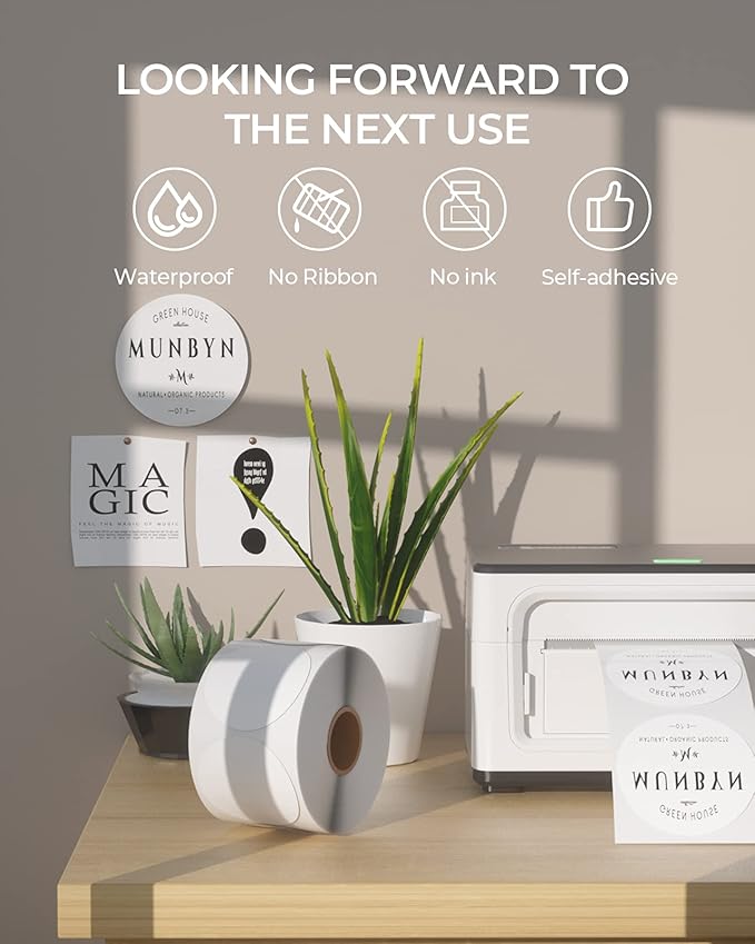 MUNBYN 2 Inch Circle Thermal Sticker Labels, Self-Adhesive Round Direct Thermal Labels, Multi-Purpose Roll Thermal Stickers for Business, 4 Rolls/3000 Labels