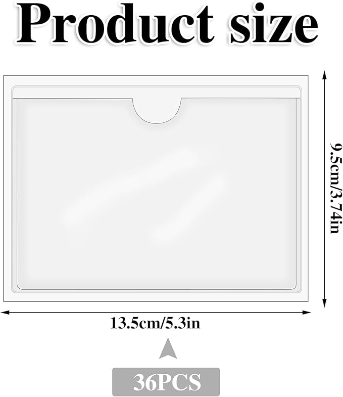 36 Pack Adhesive 3" x 5" Index Card Pockets with Top Open for Loading, Clear Plastic Labels Holders for Organizing, Storage Bins, Library Card, Totes, Shelves