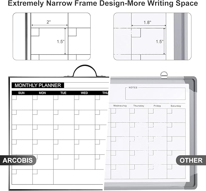ARCOBIS Monthly Calendar Whiteboard - 12" x 16" Double-Sided Magnetic Dry Erase Board with Black Frame - Portable Wall Hanging Planner for Home, Office, School