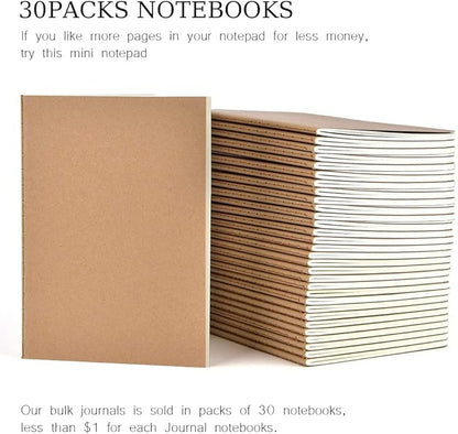 30 Pack Journal Notebook, Kraft Cover Lined Paper Journal for Traveler, Notes, Memo - Bulk Journals Sewn Brown Notebook, 80 Pages, 8.3'' x 5.5''