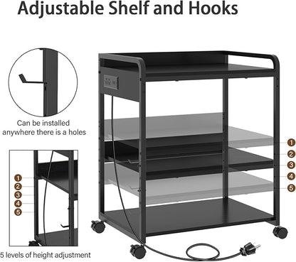 Printer Stands with Charging Station, 25.2 x 18.9 Inch Large Printer Stand with Wheels for Home Office, 3 Tier Printer Table with Power Outlet USB Port, Printer Shredder Stand, Black