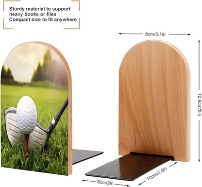 2 Pack Wood Bookends, Sport Golf in Grass Non-Skid Book Ends for Heave Books, Decorative Bookends for Shelves Desk, Book Stoppers Book Holders for Home Office Library School