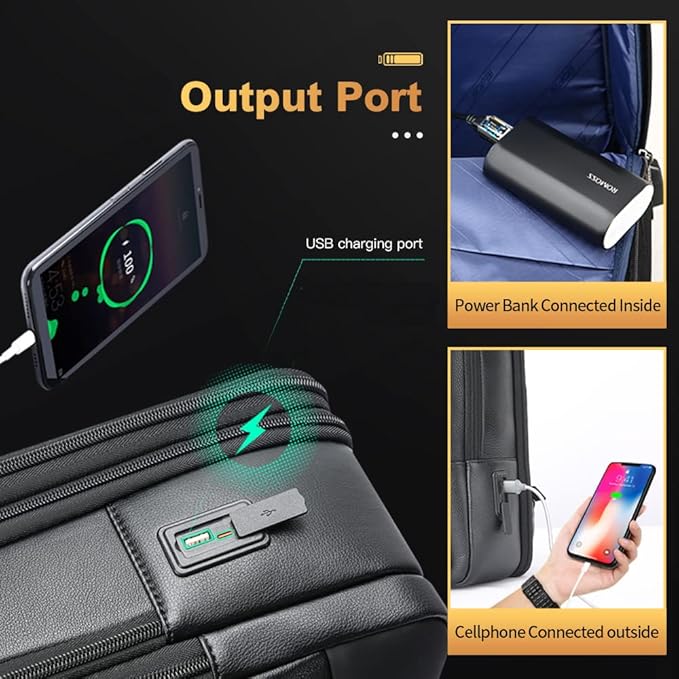 BOPai Genuine Leather Backpack for Men Multi-Function Backpack 15.6 inch Business Laptop Backpack Travel Smart Rucksack with USB Charging Anti Theft Backpack Office Black