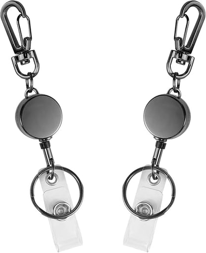 2 Pack Metal Retractable Badge Reel ID Badge Holder with Cord and Carabiner Key Chain (Black)