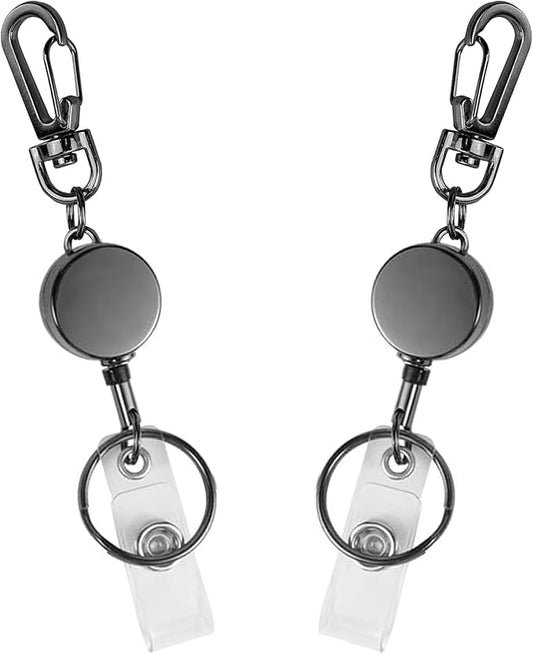 2 Pack Metal Retractable Badge Reel ID Badge Holder with Cord and Carabiner Key Chain (Black)