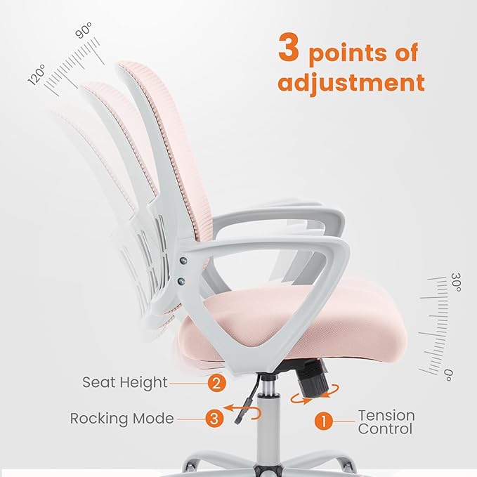Sweetcrispy Office Computer Desk Managerial Executive Chair, Ergonomic Mid-Back Mesh Rolling Work Swivel Chairs with Wheels, Comfortable Lumbar Support, Comfy Arms for Home,Bedroom,Study,Student,Pink