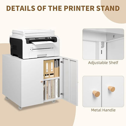 Metal Printer Stand, Large Printer Table with Wheels, Heavy Duty Printer Cabinet Stand, Mobile Fax Machine Stand with Storage, Modern Printer Stands for Home Office, Copier, Computer