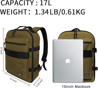 Travel Backpack 17L Lightweight Casual Small Carry-on Daypack 15-inch Laptop Notebook, Underseat Overnight Weekender, Khaki
