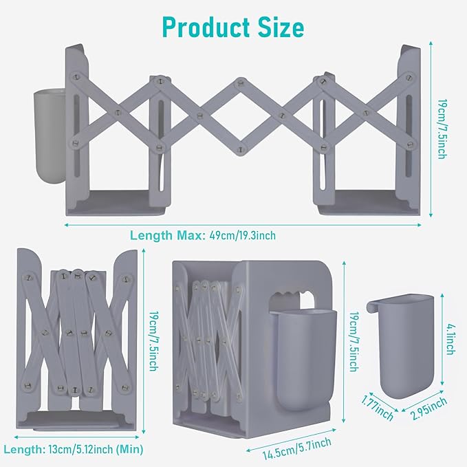 SAYEEC Adjustable Bookends with Pen Holder Expandable Book Ends for Heavy Books Plastic Desk Book Holder Book Stopper Bookcase Magazine Binder Organizer Rack for Shelves Office School Home (Grey)