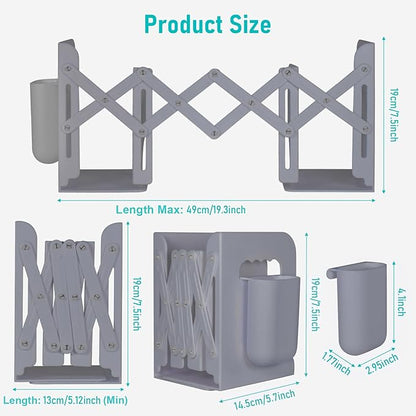 SAYEEC Adjustable Bookends with Pen Holder Expandable Book Ends for Heavy Books Plastic Desk Book Holder Book Stopper Bookcase Magazine Binder Organizer Rack for Shelves Office School Home (Grey)