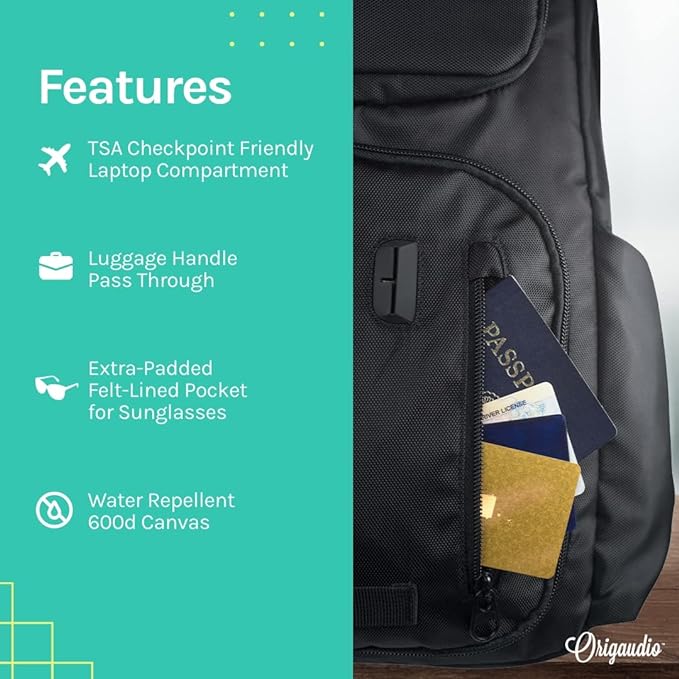Origaudio Embarcadero Pack Business Backpack – 17 Inch Padded Laptop Sleeve – Laptop Compartment Zips Totally Open for TSA – 25 L Capacity & USB Techports– X-Large Pockets for Water Bottles and Sungla