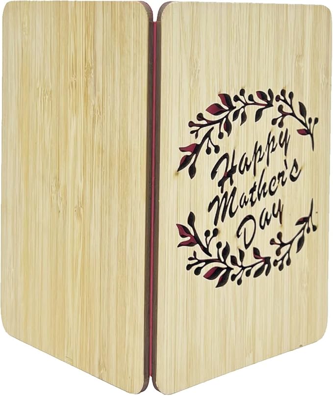 Mother's Day Gifts Card from Daughter or Son,Unique Card for Mum, Handmade Bamboo Wood Greeting Cards,Wooden Mother's Day Card,Laurel mom