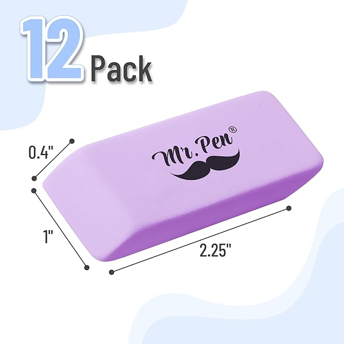 Mr. Pen- Erasers, 12 Pack, Purple Pencil Eraser, Erasers for Pencils, Mr Pen Erasers, Erasers for School, Large Eraser, Block Erasers for School, Rubber Eraser, Large Erasers for School