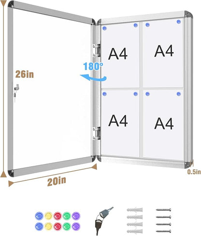 26"x20" Enclosed Bulletin Board, Lockable Weather-Resistant Aluminum Noticeboard for School & Office, Silver Frame w/Magentic Whiteboard