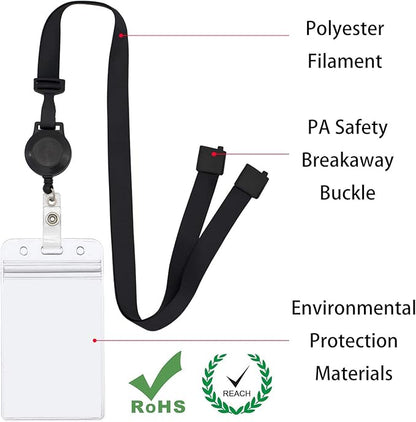 Retractable Safety Breakaway Lanyard with ID Holder, Dual Independent Waterproof Zip Card Holder, Safety Fastener and Adjustable Clasp [2 in 1 Wearing Combination] (Black 5 Pack (Vertical))