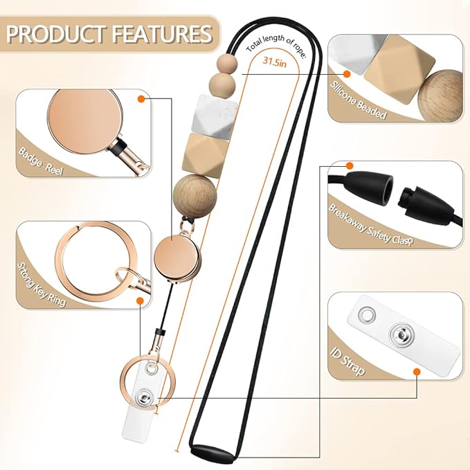 Retractable Lanyards for ID Badges and Keys, Cute Breakaway Teacher Lanyard with Badge Holders and Reels, Silicone Beaded Lanyard for Women, Nurses, Office with 2 Waterproof Card Holders