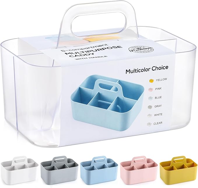 Multiuse Caddy Organizer with Handle - Stackable Plastic Bin - Divided Storage Tote Holder for Art Craft Supplies, Makeup, Bathroom, Shower, Cleaning, Kitchen, Office, Dorm, Desktop - Frosted Clear