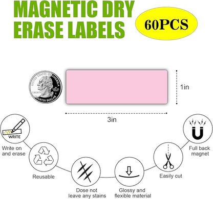 Magnetic Dry Erase Magnets Labels(1x3",Pack of 60),Organizing Schedules in Office/Classroom.Reusable Name Tags on Fridge/White Board,Pastel Colors(Light Pink)