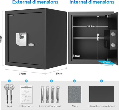 WASJOYE Fingerprint Biometric Safe Box, 2.0 Cu Ft Fireproof Safe Box with Finger Identification Key-Lock, Fingerprint Safe for Home Office Hotel Jewelry Document Passport Valuables Gun Safe Storage