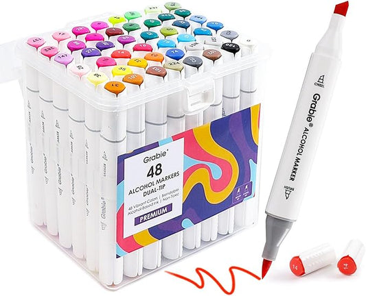 Grabie Alcohol Based Marker with Case and Coloring Book, 48-color Double Tipped Alcohol Markers, Chisel & Brush Alcohol-based Art Marker Set for Adults Coloring Illustration