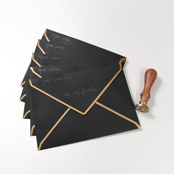 50 Pack Black A6 Envelopes 4x6 Self-Adhesive V Flap Envelopes with Gold Border for Office, Greeting Card, Wedding, Graduation, Baby Shower, Parties, Invitations (Black, 4x6)