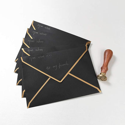 50 Pack Black A6 Envelopes 4x6 Self-Adhesive V Flap Envelopes with Gold Border for Office, Greeting Card, Wedding, Graduation, Baby Shower, Parties, Invitations (Black, 4x6)