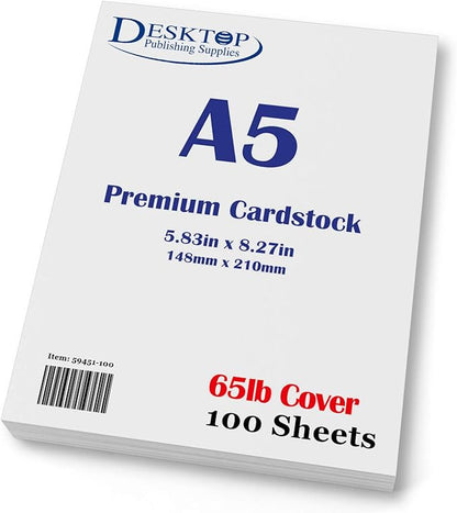 Premium A5 (8.3"x 5.83") Cardstock - 65lb Cover (176 gsm) White (250 Sheets)