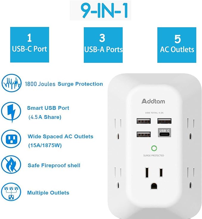 Addtam USB Wall Charger Surge Protector 5 Outlet Extender with 4 USB Charging Ports (1 USB C Outlet) 3 Sided 1800J Power Strip Multi Plug Outlets Wall Adapter Spaced for Home Travel Office ETL Listed