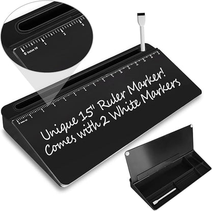 Desk Whiteboard Dry Erase Glass Whiteboard with 15“ Ruler Marker,Tilted Notepad Computer Keyboard Stand with Black Dry Erase Board Surface, Desktop White Board to-do List Memo Notepad,Black