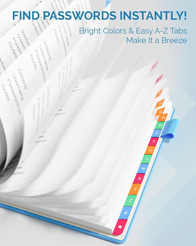 Password Keeper Book with Colorful Alphabetical Tabs, Hardcover Log Book for Internet Password and Website Address, Personal Organizer with Notes Section and Back Pocket and Two Bookmarks (Turquoise)