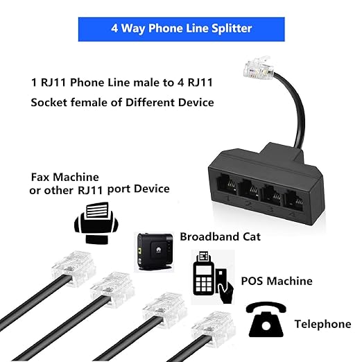 RJ11 Cable 4 Way Telephone Splitter 3 Pack, Black, Splitter 6P4C Connector Phone Line Cord Adapter with Cable for Landline Telephone Wire, Suitable for Telephone, Fax Machine