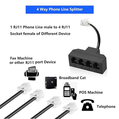 RJ11 Cable 4 Way Telephone Splitter 3 Pack, Black, Splitter 6P4C Connector Phone Line Cord Adapter with Cable for Landline Telephone Wire, Suitable for Telephone, Fax Machine