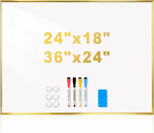Magnetic Whiteboard, 36"x24" Gold Aluminum Frame Dry Erase White Board for Wall, Large Wipe Board with 6 Magnets, 4 Markers & 1 Eraser for Home and Office