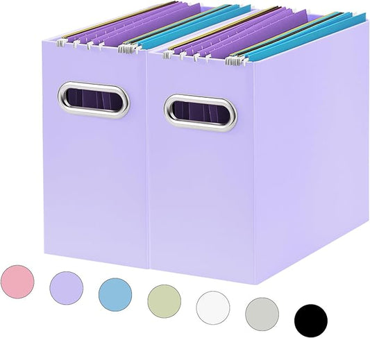 Oterri File Organizer, Small Storage Box, Cardboard File Folder Organizer, Collapsible File Box, Hanging File Organizer for Letter Size, Portable File Box with Handle, Only Box (Purple, 2 Packs)