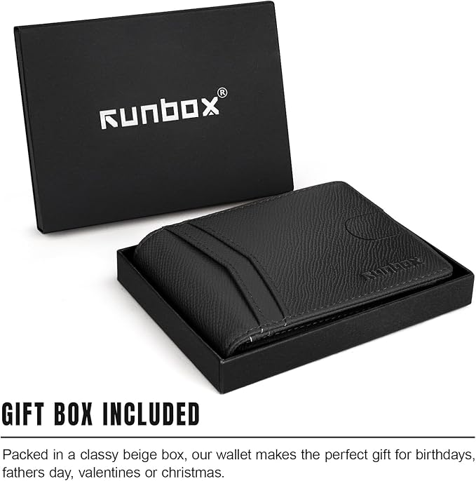 RUNBOX Wallet for Men Slim Rfid Leather 2 ID Window With Gift Box