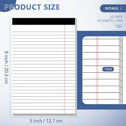 5" x 8" Note Pads 12 Pack of Legal Pads 30 Sheets Notepad College Ruled Small Writing Pads Perforated Pages Paper Pads 80GSM Heavyweight Paper Note Pads for Home, Office, or School