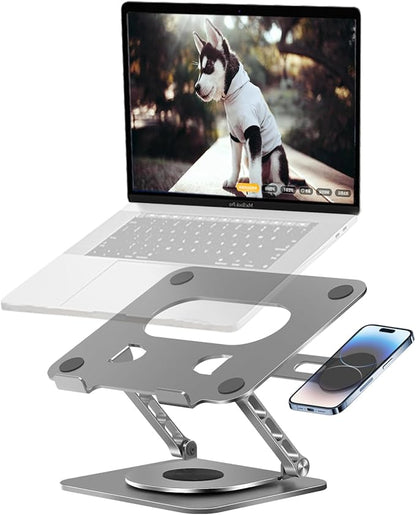 Laptop Stand for Desk, 24 lbs Load, 360° Rotating, Magnetic Phone Holder, Fits 10-17.4'' Laptops, Grey