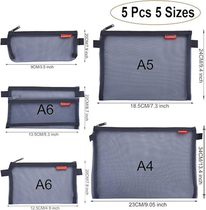 pendancy Mesh Zipper Pouch 5pcs Lightweight Nylon File Folders Document Organizer Cosmetic Bags Accessories Storage for Travel and Office Supplies (Grey, A4 A5 A6)