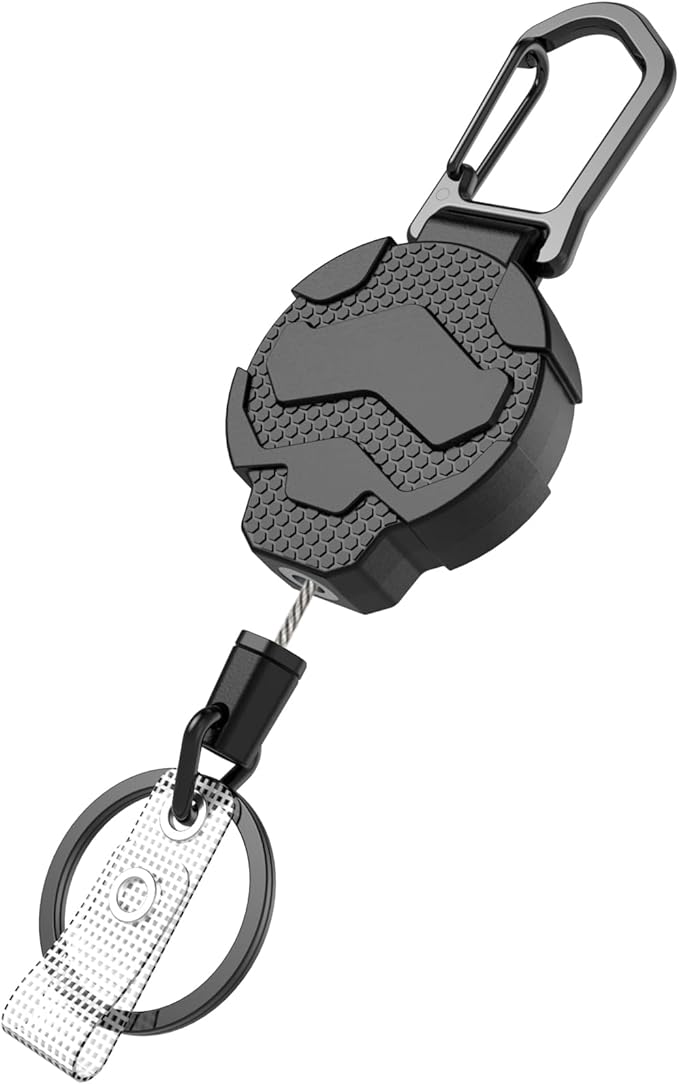 Retractable Keychain Badge Holder with Belt Clip, Heavy Duty Carabiner ID Badge Clip Reel, 32” Steel Retractable Cord, 10 oz Rebound，1pcs Black Keychain