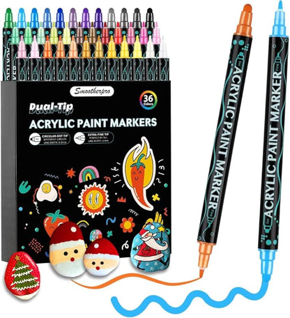 SMOOTHERPRO Acrylic Paint Markers, 36 Colors Dual Tip Acrylic Paint Pens for Wood, Rocks, Canvas, Pumpkins, Fabric Markers Set for Glass, Plastic, Ceramic, DIY, Easter, Gift(DAP36)