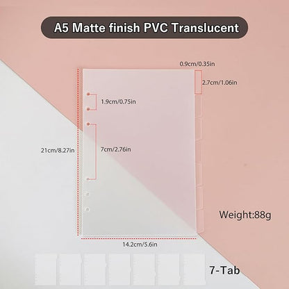 DY.2ten Clear Binder Dividers for 6-Holes Ring Binder, 1/7 Cut Tabs, A5 Size, Sturdy Plastic Dividers with 7 Tabs for School Office Home, 2 Sets, 14 Dividers, 2 Tab Stickers.