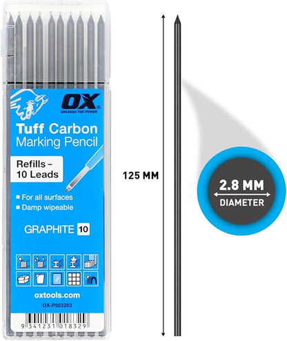 OX Tools ‎Tuff Carbon Marking Pencil Replacement Lead 10-Pack Basic Graphite Lead, 2.88mm lead, OX-P503203