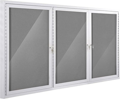 SWANCROWN Weather Resistant Enclosed Bulletin Board Gray Fabric Displays Boards Wall Mounted Notice Cabinet with Three Locking Doors, 70x36 inches