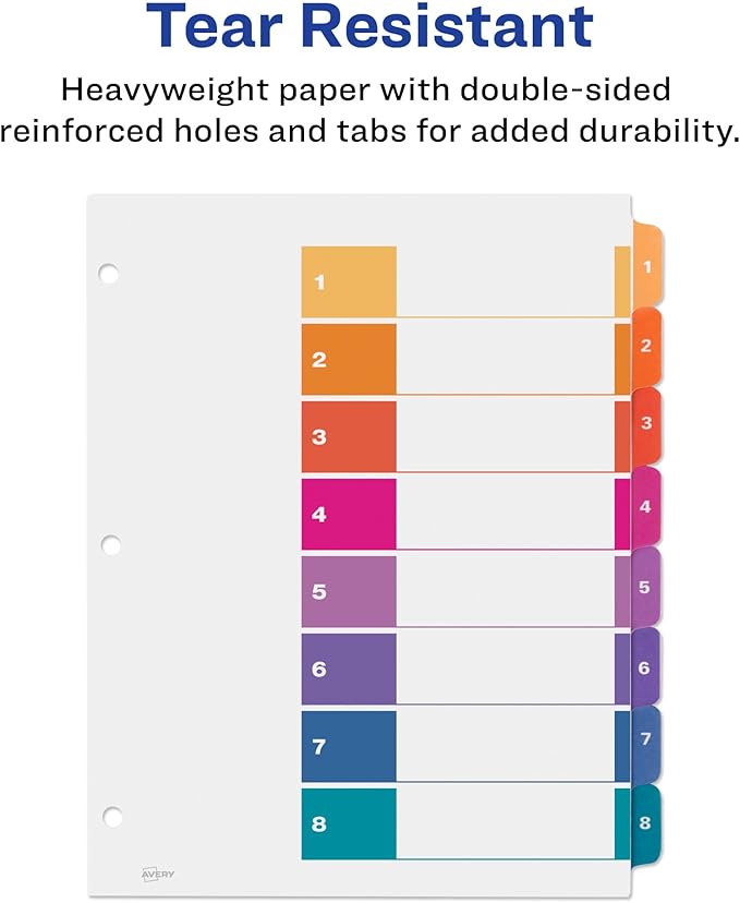 Avery 8 Tab Dividers for 3 Ring Binders, Customizable Table of Contents, Multicolor Tabs, 1 Set (11133)