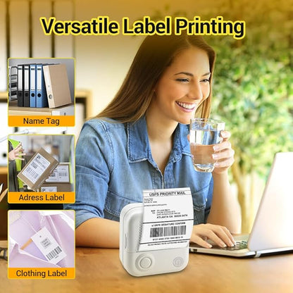 Sticker Printer,Thermal Printer Label Maker with 3 rolls Paper, Portable Mini Wireless Bluetooth Inkless Printer, Recharge Pocket Sticker Maker,Small Printer for Photo,Scrapbook Supplies, White