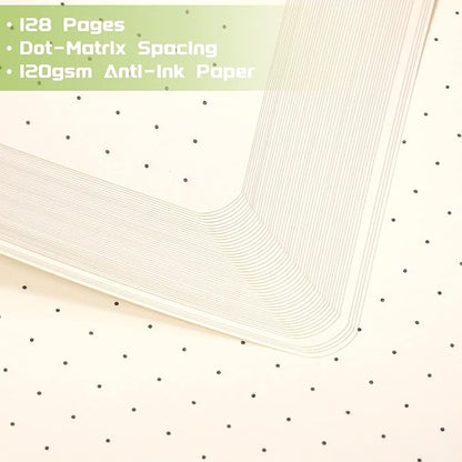 Dotted Journal/Notebook - Dot Grid Hard Cover Notebook, Premium Thick Paper with Fine Inner Pocket, Black Smooth Faux Leather, Pen Loop, 5.3'' x 8.26'' - Light Green