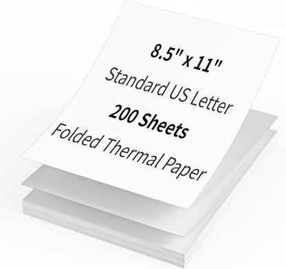 200 Sheets Thermal Printer Paper 8.5''×11'' US Letter Size Thermal Paper Compatible with Peripage, Munbyn, Jadens, HPRT, Phomemo Letter Portable Printer, Folded, Continuous, Perforated Thermal Paper